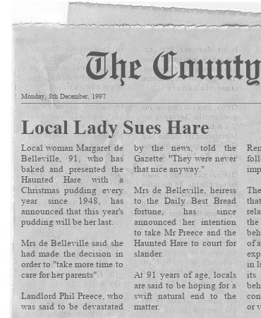 Newspaper clipping about Margaret de Belleville and the Haunted Hare Christmas pudding tradition